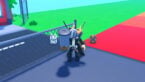 Roblox Throwing Simulator Avatar Wearing Silver Helmet Two Giant Swords On Back Holding Silver Trash Can With Floating Pets Near Fence And Road