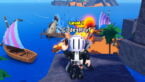 Roblox Titan Fishing Avatar Wearing Silver Helmet Black Clothes Two Giant Swords On Back Holding A Fire Axe On Boulder Overlooking Sail Boat And Giant Fish Jumping Through Dock