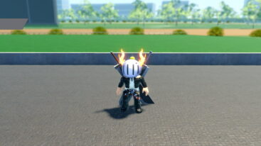 Roblox Umadol Gran Derby Avatar Wearing Silver Helmet Black Clothes Two Giant Swords On Back Standing On Stone Flooring With A Green Race Track Behind