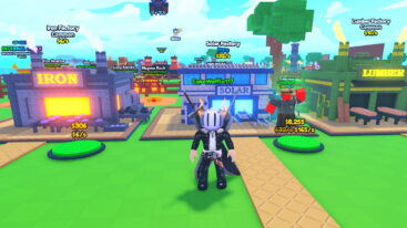 Roblox Unbox A Factory Avatar Wearing Silver Helmet Black Clothes Two Giant Swords Standing In Front Of Solar And Iron Factories