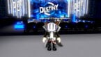 Roblox Wrestling Avatar Wearing Silver Helmet Black Clothes Two Giant Swords On Back Standing In Front Of Chairs Leading To Wrestling Ring With Destiny Logo