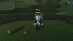Roblox Zombie Wave Survival Avatar Wearing Silver Helmet Black Clothes Two Giant Swords On Back Standing Near Two Fallen Tree Logs In A Forest