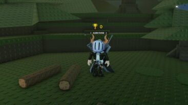 Roblox Zombie Wave Survival Avatar Wearing Silver Helmet Black Clothes Two Giant Swords On Back Standing Near Two Fallen Tree Logs In A Forest