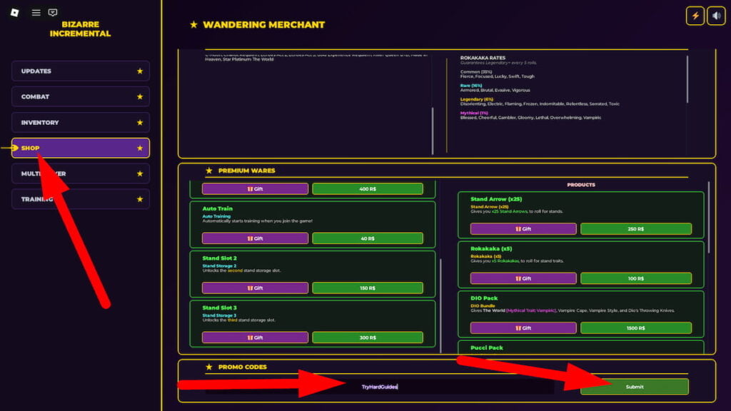 How To Redeem Codes In JoJos Bizarre Incremental Roblox