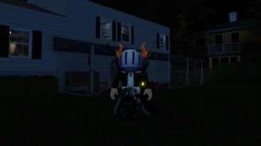 Roblox Amber Alert Avatar Wearing Silver Helmet Black Clothes Two Giant Swords On Back Standing Outside Metal Fence Near White Building