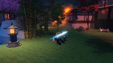 Roblox Anime Blade Clicker Avatar Wearing Silver Helmet Black Clothes Two Giant Swords On Back Swinging A Sword Creating A Light Arc Near Bamboo Shoots And Walls