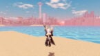 Roblox Anime Power League Avatar Wearing Silver Helmet Black Clothes Two Giant Swords On Back Jumping In A Defensive Stance On Beach With Water And City Behind