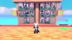 Roblox Anime Waifu Card Collection Avatar Wearing Silver Helmet Black Clothes Two Giant Swords On Back Standing In From Of Giant Cards Showing Various Anime Girls