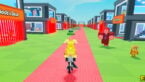 Roblox Be A Brainrot Avatar Wearing Silver Helmet Black Clothes Two Giant Swords On Back Holding A Golden Horse Brainrot Above Head On A Red Road As An Angry Npc Chases From Behind