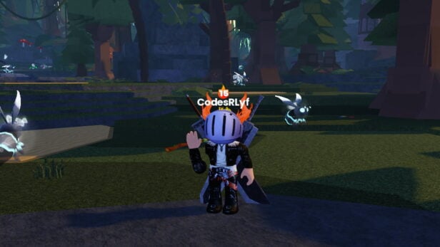 Roblox Bees Codes King June 2026 Try Hard Guides Roblox Bees Avatar Wearing Silver Helmet Black Clothes Two Giant Swords On Back Holding A Bee Net Surrounded By Trees And Glowing White Eyed Black Blue Bees 616x347 