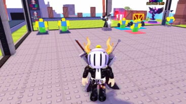 Roblox Build Your Gym Avatar Wearing Silver Helmet Black Clothes Two Giant Swords On Back Standing In Massive Gray Gym As Npcs Do Gym Exercises Such As Treadmill And Deadlifts