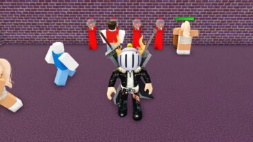Roblox Build A Candy Shop Avatar Wearing Silver Helmet Black Clothes Two Giant Swords On Back Standing On Purple Flooring As Npcs Use Red Gumball Machines Behind