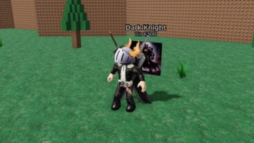 Roblox Cardfantasy Rng Avatar Wearing Silver Helmet Black Clothes Two Giant Swords On Back Standing On Grass With Dark Knight Card Floating Behind Saying 1 In 6500
