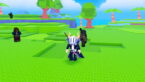 Roblox Catch A Baddie Avatar Wearing Silver Helmet Black Clothes Two Giant Swords On Back Standing On Green Grass Near Trees And Question Mark Npcs