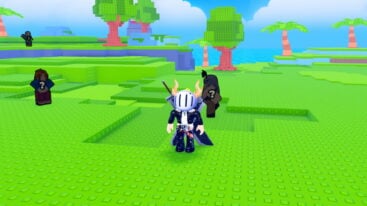 Roblox Catch A Baddie Avatar Wearing Silver Helmet Black Clothes Two Giant Swords On Back Standing On Green Grass Near Trees And Question Mark Npcs
