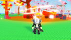 Roblox Choose An Ability Avatar Wearing Silver Helmet Black Clothes Two Giant Swords On Back Standing Before A Giant Red Dome Destroying Everything Inside