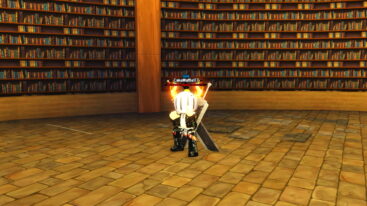 Roblox Clover Origins Avatar Wearing Silver Helmet Black Clothes Two Giant Swords On Back Standing In A Room Lined With Grimoires On Shelves