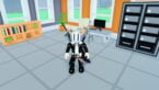 Roblox Coding Simulator 2 Avatar Wearing Silver Helmet Black Clothes Two Giant Swords On Back Standing In Office Setup With Desk With Desktop Equipment Servers And More