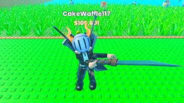 Roblox Cut Grass For Anime Characters Avatar Wearing Silver Helmet Black Clothes Two Giant Swords On Back Swinging A Giant Knife With Tall Grass Behind Him With Characters Inside