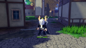Roblox Dungeon Lootr Avatar Wearing Silver Helmet Black Clothes Two Giant Swords On Back Holding A Katana In Village Street
