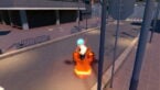 Roblox Exoria Blue Haired White T Short Wearing Avatar On A Red Hoverboard In A City Street