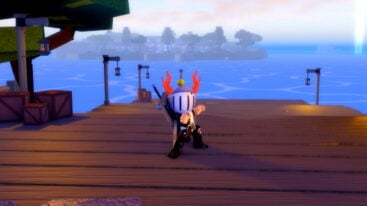 Roblox Fusion Piece Avatar Wearing Silver Helmet Black Clothes Two Giant Swords On Back Punching On Wooden Dock With Sea And Island Behind