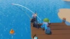 Roblox Infinite Fishing Simulator Avatar Wearing Silver Helmet Black Clothes Two Giant Swords On Back Holding A Fishing Rod On A Wooden Pier Fishing Into Water
