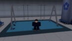 Roblox Locked 2 Avatar Wearing Blue Strip Brown Hair Standing In Gym On Blue Mat Near Rope Exercises