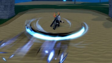 Roblox Lineage Piece Avatar Wearing Silver Helmet Black Clothes Two Giant Swords On Back Swinging A Katana And Causing A Blue Arc Wave Appear While Standing On Sand