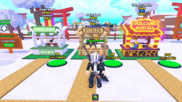Roblox My Japanese Food Stand Avatar Wearing Silver Helmet Black Clothes Two Giant Swords On Back Standing Before Japanese Food Stalls Such As Volcano Matcha Purin Stand And Onigiri Stand