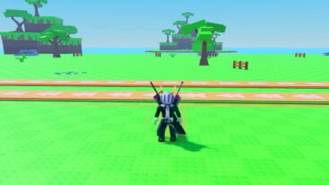 Roblox My Knife Farm Avatar Wearing Silver Helmet Black Clothes Two Giant Swords On Back Standing Near Two Conveyor Belts