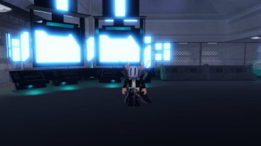 Roblox Noob Experiment Warzone Avatar Wearing Silver Helmet Black Clothes Two Giant Swords On Back Standing Before Computers And Giant Blue Pc Screens