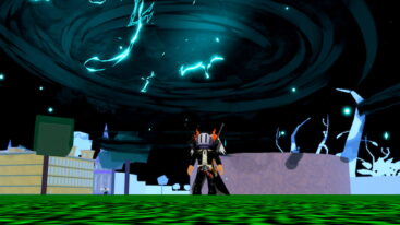 Roblox Omeni Fruits Avatar Wearing Silver Helmet Black Clothes Two Giant Swords On Back Standing Before A Giant Dark Stormy Vortex In The Sky