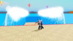 Roblox Open Sea For Brainrots Avatar Wearing Silver Helmet Black Clothes Two Giant Swords On Back Holding A Staff As The Sea Is Parted Behind
