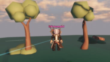 Roblox Rng Incremental Avatar Wearing Silver Helmet Black Clothes Two Giant Swords On Back Standing In Between Two Trees