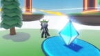 Roblox Reborn Incremental Avatar Wearing Silver Helmet Black Clothes Two Giant Swords On Back Standing Near Tre And Diamond Blue Floating Crystal