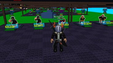 Roblox Roll An Anime Avatar Wearing Silver Helmet Black Clothes Two Giant Swords On Back Standing Before Anime Characters Earning Money