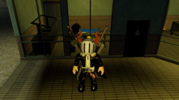 Roblox Scp Architect X Avatar Wearing Silver Helmet Black Clothes Two Giant Swords On Back Standing Outside Research Room