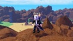 Roblox Slime Rng Avatar Wearing Silver Helmet Black Clothes Two Giant Swords On Back Standing On Jagged Brown Mountain Overlooking Desert