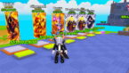 Roblox Spin Anime Cards Avatar Wearing Silver Helmet Black Clothes Two Giant Swords On Back Standing Before Six Giant Cards Some Mythic Some Divine