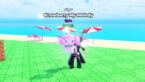 Roblox Spin A Kitty Avatar Wearing Silver Helmet Black Clothes Two Giant Swords On Back Holding A Strawberry My Melody Sugar Kitty In Hand Near Parasols On A Beach