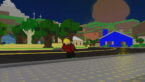 Roblox The Cul De Sac Blonde Haired Avatar Wearing Red Hoodie Black Pants Swinging A Sword As Trees And A Blue House Stands Behind