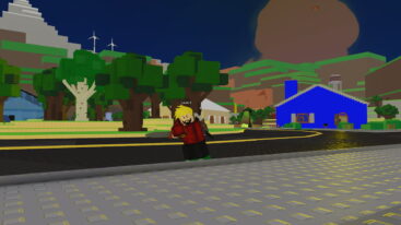 Roblox The Cul De Sac Blonde Haired Avatar Wearing Red Hoodie Black Pants Swinging A Sword As Trees And A Blue House Stands Behind