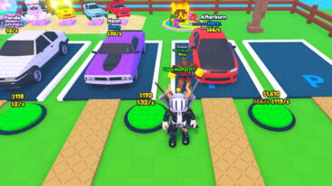 Roblox Unbox Your Car Avatar Wearing Silver Helmet Black Clothes Two Giant Swords On Back Standing In Front Of A Red Car Purple Car And White Car