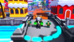 Roblox World Fighters Avatar Wearing Silver Helmet Black Clothes Two Giant Swords On Back With Green Gloves With Two Green Zoro Npcs On A Bridge Near A City