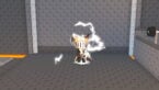 Roblox 1 Aura Speed Escape Avatar Wearing Silver Helmet Black Clothes Two Giant Swords On Back Enveloped In A White Electric Aura In Gray Room