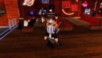 Roblox 8 Ball X Avatar Wearing Silver Helmet Black Clothes Two Giant Swords On Back Standing Near Pub Tables And Chairs In A Pool Bar