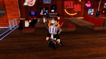 Roblox 8 Ball X Avatar Wearing Silver Helmet Black Clothes Two Giant Swords On Back Standing Near Pub Tables And Chairs In A Pool Bar