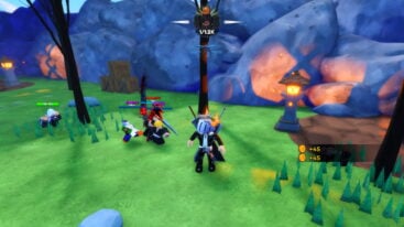 Roblox Anime Battle Rng Avatar Wearing Silver Helmet Black Clothes Two Giant Swords On Back Standing In Forest Area An Anime Npcs Attacking Other Npcs