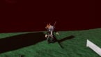 Roblox Anime Card Battle X Avatar Wearing Silver Helmet Black Clothes Two Giant Swords On Back Standing On Grass With Red Sky Behind